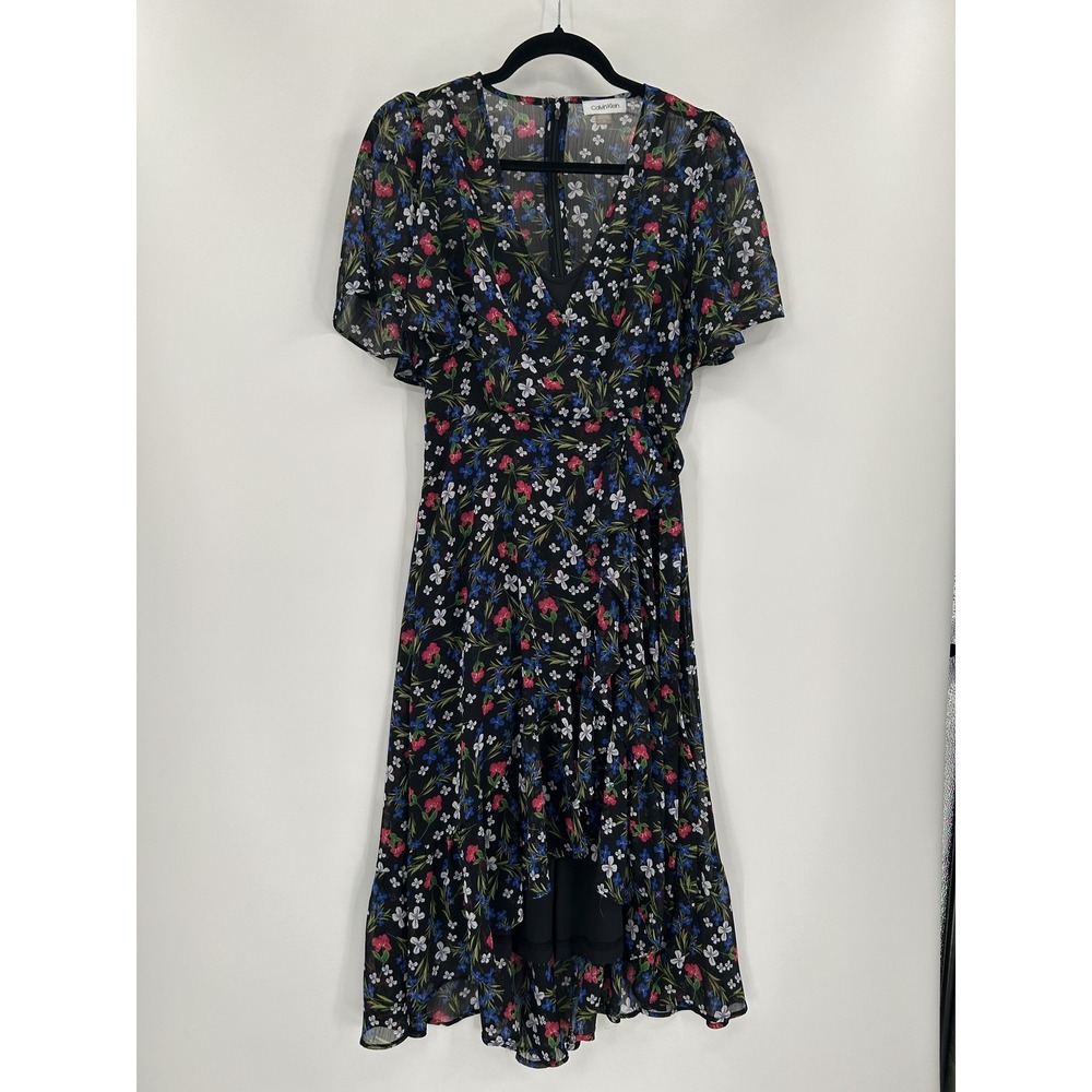 Calvin Klein Dress Womens‎ 2 Floral Ruffle Midi Short Sleeve Tie Waist V Neck